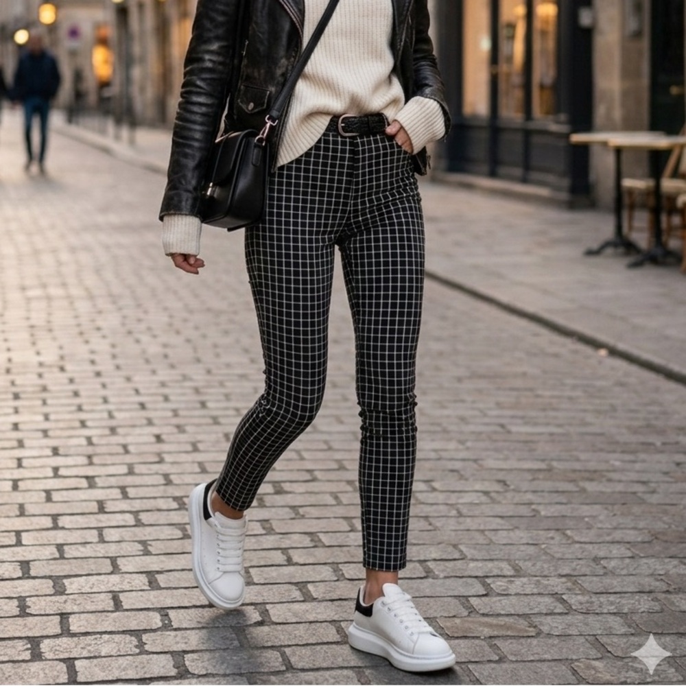 Zara‎ Black & White Gingham High-Rise Skinny